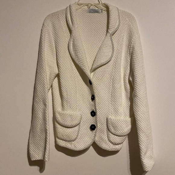 Willow Sweaters - Willow Cardigan Knit Sweater Vneck Buttons Pockets White Blue Trim Size Large